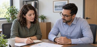 Responsable y empleado revisan juntos un calendario de asistencia durante una reunión privada