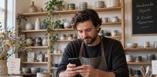 Atención al cliente en redes sociales: cómo hacer avanzar cada consulta Comerciante consultando su móvil detrás de un mostrador de cerámica.
