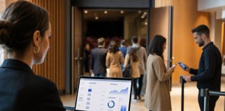 Cómo vender más entradas online: estrategias de ticketing para organizadores Organizadora de eventos revisando ventas online mientras el equipo valida entradas en un auditorio