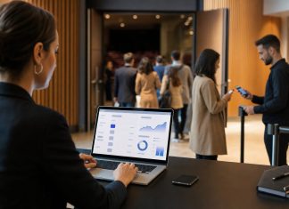 Organizadora de eventos revisando ventas online mientras el equipo valida entradas en un auditorio