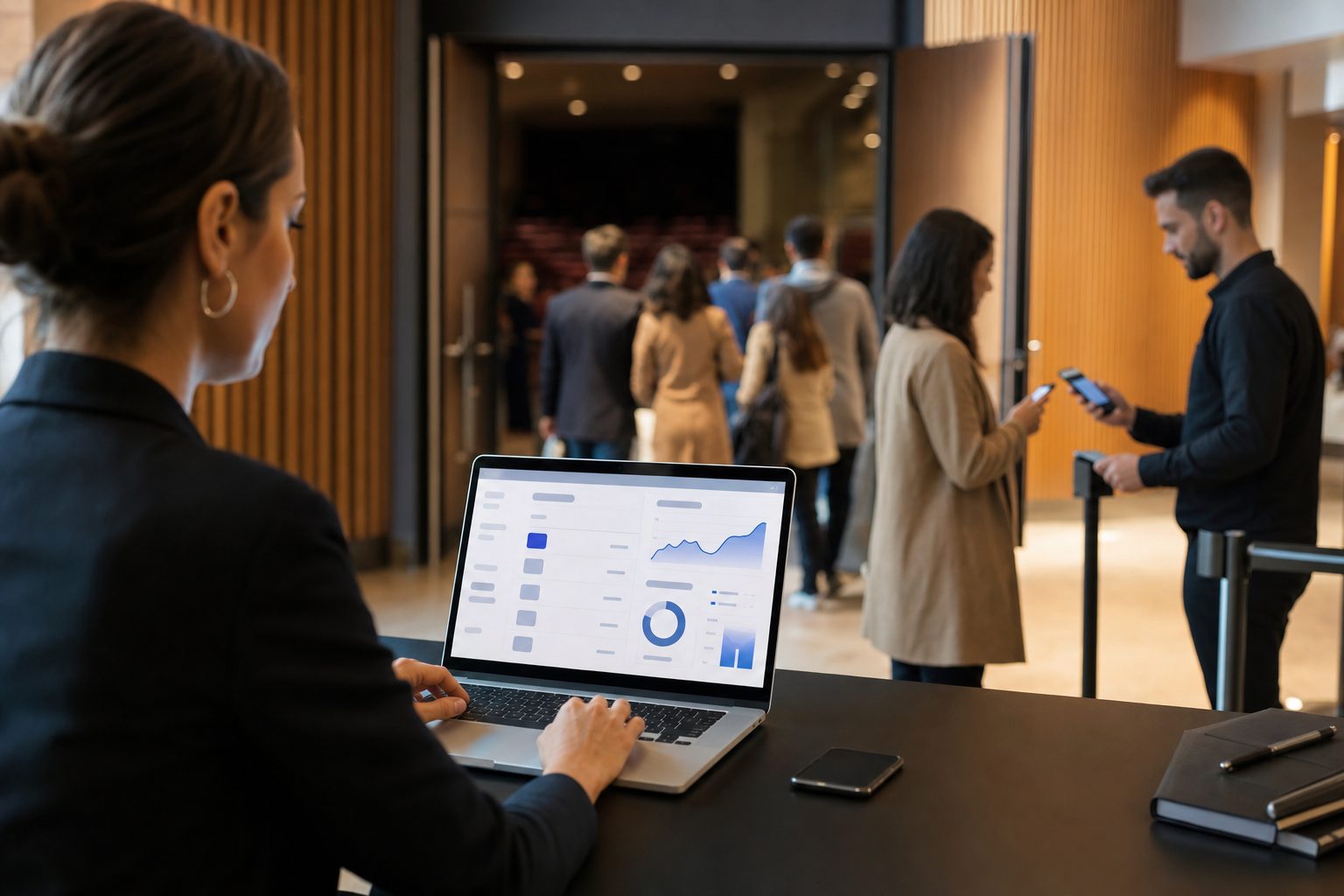 Organizadora de eventos revisando ventas online mientras el equipo valida entradas en un auditorio