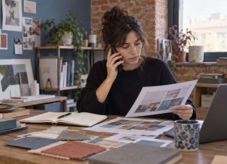 Una profesional revisa una propuesta y habla por teléfono en una oficina pequeña.