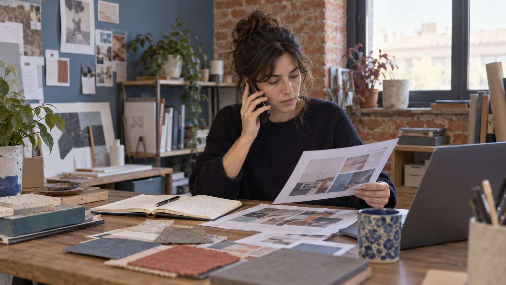 Una profesional revisa una propuesta y habla por teléfono en una oficina pequeña.