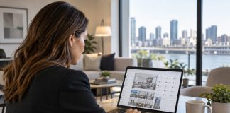 Agente inmobiliario consultando inmuebles y contactos en un ordenador