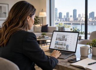 Qué es un ERP inmobiliario y cómo mejora la gestión de una agencia Agente inmobiliario consultando inmuebles y contactos en un ordenador